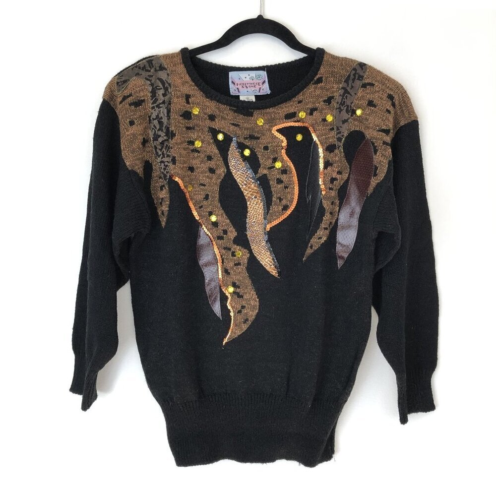 Vintage Hollywood & Vine Black Sweater Brown Abstract Applique Sequins Size M